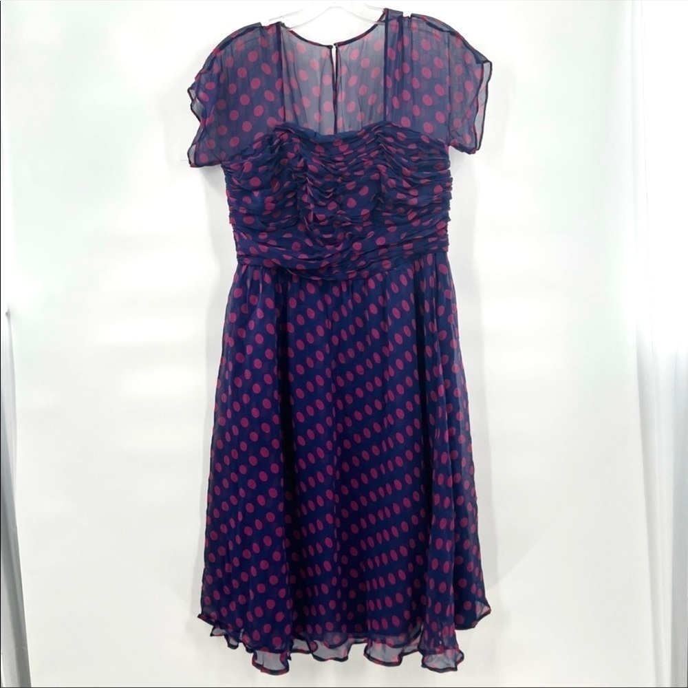 J. Peterman blue silk dress with pink polka dots 14